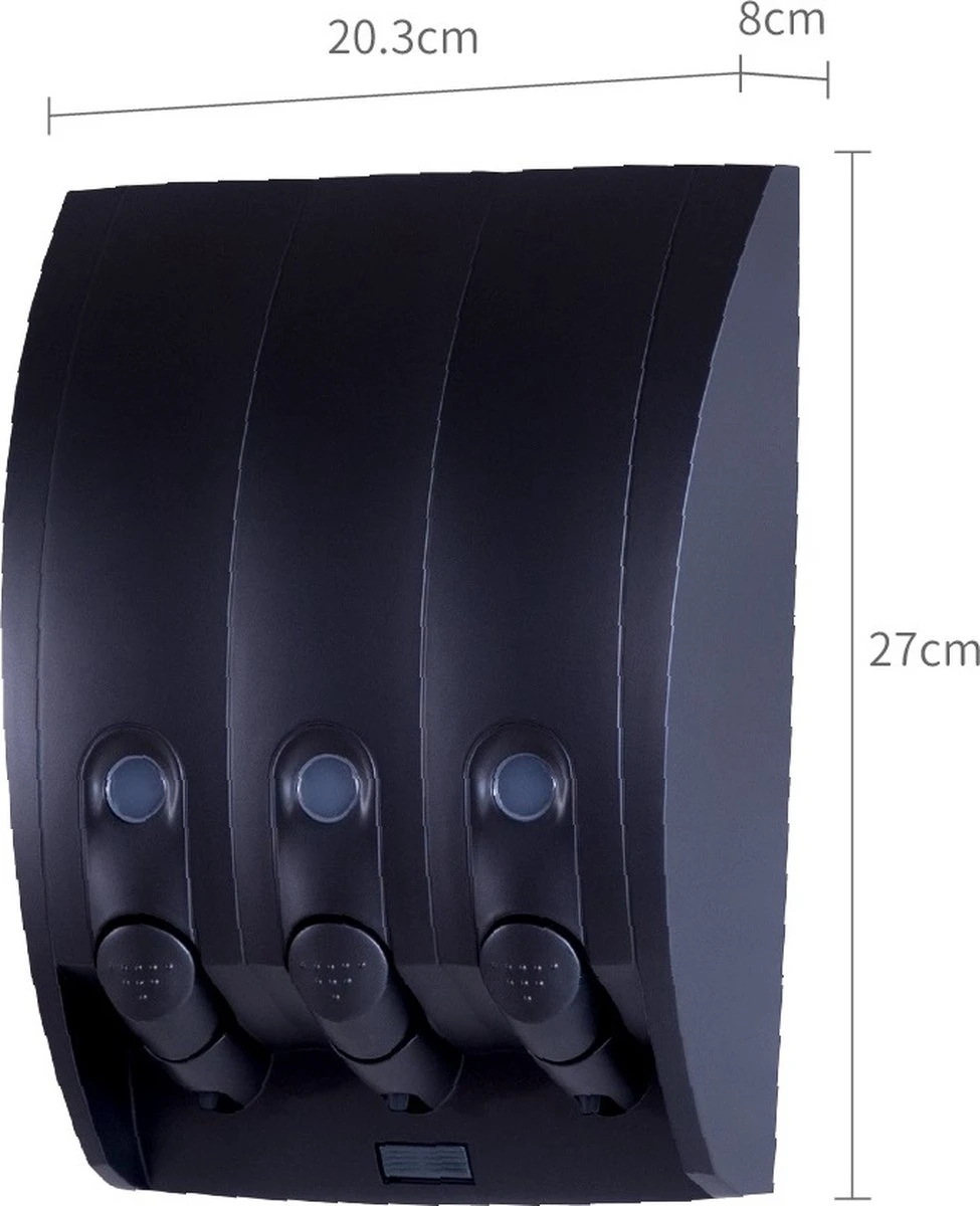 Aquathof, Zeepdispenser, Mat Zwart, 3 Kamer, 3 Reservoirs, 3x350ml, Hangend, Wandmontage - Afbeelding 3