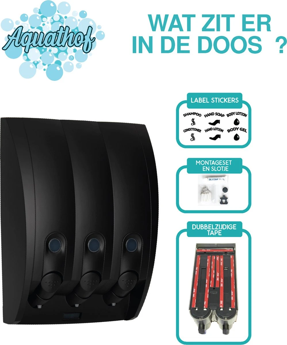 Aquathof, Zeepdispenser, Mat Zwart, 3 Kamer, 3 Reservoirs, 3x350ml, Hangend, Wandmontage - Afbeelding 9